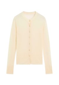 Helle beige Strickjacke aus weichem Material, mit rundem Halsausschnitt, langen Ärmeln und einer Knopfleiste mit sechs Knöpfen.