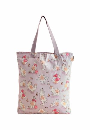 Borsa a tracolla lavanda decorata con illustrazioni di vari gatti giocosi e piccoli animali, con fiocchi rosa e dettagli in filo di lana.