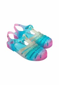 Sandali traslucidi con una sfumatura che va dal blu al rosa. Realizzati in materiale glitterato, presentano fibbie regolabili e design open toe.