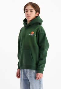 Groene hoodie van een katoenmix, met een voorste kangoeroezak en een grafische logo van een basketbal op de bovenste linkerborst. Lichtgewicht stof.