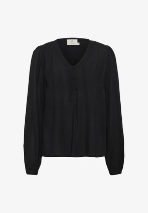 Sort langærmet bluse med V-hals, der har tre knapper ned langs forsiden og let rynkede detaljer ved ærmerne. Glat tekstur.