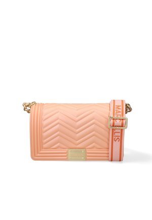 Peach quilted crossbody bag with chevron pattern, gold rectangular clasp, and adjustable peach-and-pink strap with brand name.