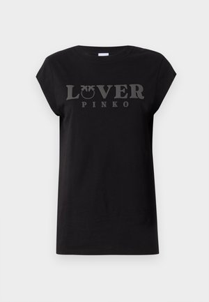 T-shirt nera in cotone con maniche a cappuccio, con la scritta "LOVER PINKO" stampata in grassetto grigio sul davanti. Texture liscia, vestibilità standard.