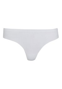 Biele tanga nohavičky s hladkou textúrou, bezšvovým dizajnom a elastickým pásom. Pozostávajú z minimalistického štýlu bez ďalších vzorov.