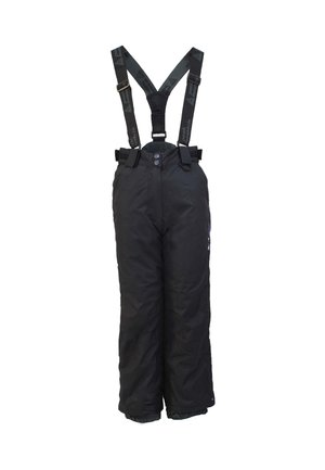 Pantalons de neige noirs isolés avec bretelles réglables, fermeture à bouton-pression et poignets élastiques aux chevilles. Texture lisse sans motifs.