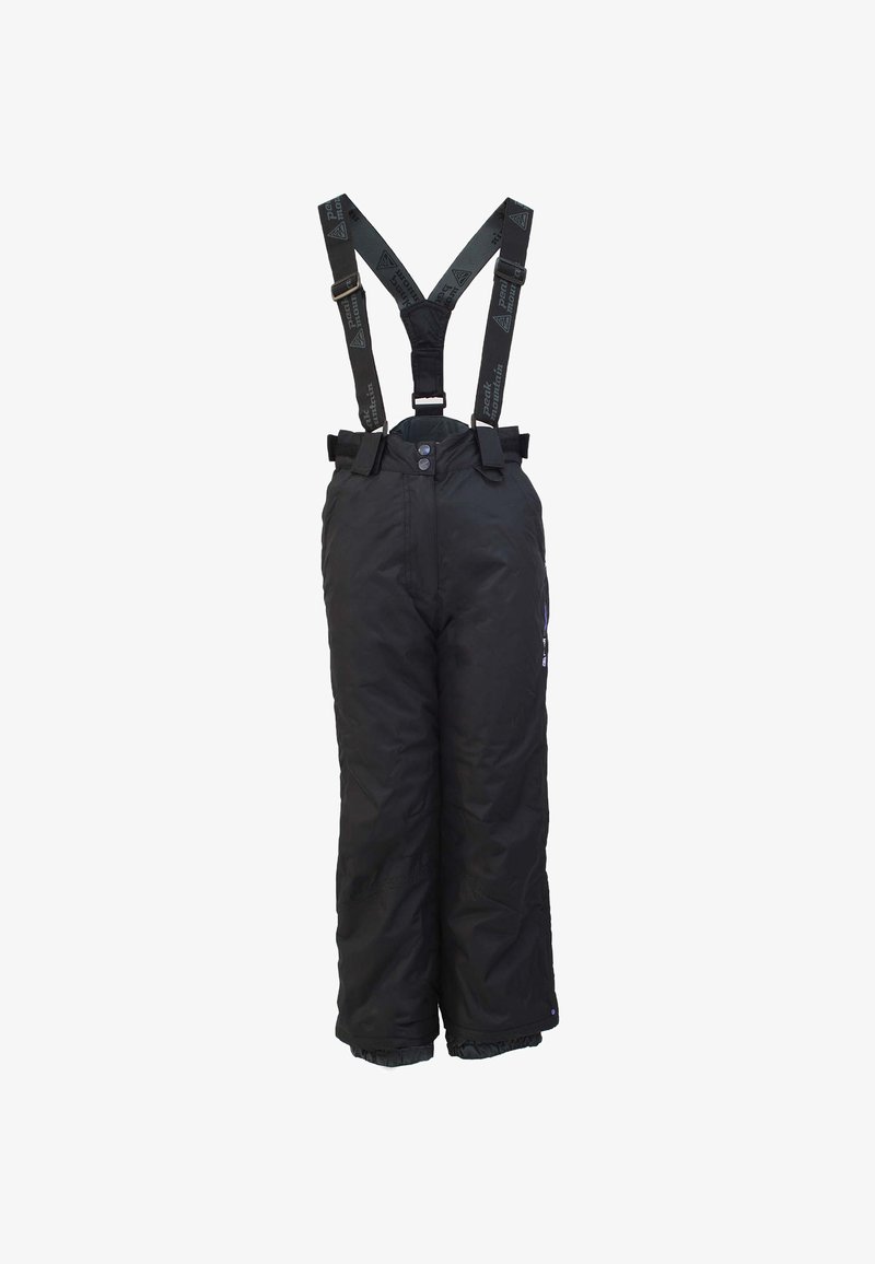 Pantalons de neige noirs isolés avec bretelles réglables, fermeture à bouton-pression et poignets élastiques aux chevilles. Texture lisse sans motifs.