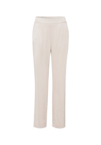 Pantalon beige avec une coupe droite, ceinture élastique et texture lisse. Présente un style minimaliste sans poches ni ornements.