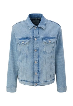 Veste en denim bleu clair au design classique, avec deux poches poitrine, des boutons argentés et des coutures visibles.