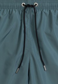 Męskie szorty do pływania w tealowym kolorze z gładkiego materiału. Posiadają czarny sznurek do regulacji z metalowymi oczkami i stoperami.