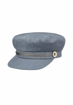 Light blue fabric newsboy cap with a short brim, decorative horizontal band, and a beige button on the side.