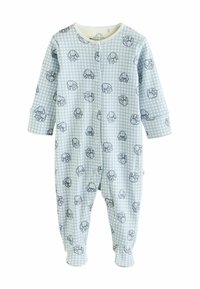 Blauwe en witte geruite baby-body van katoen, met een all-over olifantenprint, lange mouwen en een sluiting met drukknoopjes aan de voorkant.