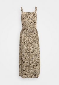 Maxi šaty v béžové barvě s listovým vzorem, s čtvercovými ramínky, staženým pasem a splývavou sukní; vyrobené z lehké tkaniny.