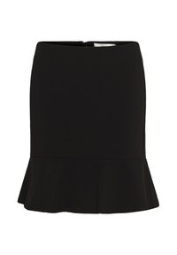 Black peplum skirt featuring a fitted design, smooth texture, and a zipper closure at the back. Simple and versatile for various outfits.