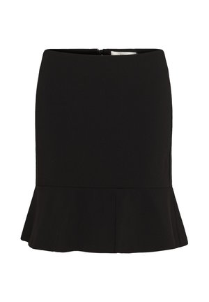 Černá peplum sukně s dobře padnoucím střihem, hladkou texturou a zipovým uzávěrem na zadní straně. Jednoduchá a universální pro různé outfity.
