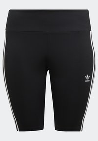 Black athletic shorts with a high waistband, featuring white side stripes and a small white logo on the lower front. Smooth, stretchy fabric.