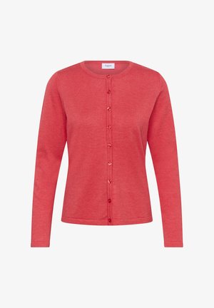 Roter Strickcardigan mit langen Ärmeln, rundem Ausschnitt und einer vorderen Reihe von acht passenden Knöpfen.