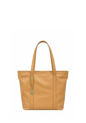 Borsa tote in pelle cuoio con due manici e una piccola targhetta con catena dorata, con un logo "Twinset" discreto nella parte superiore centrale.