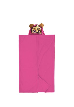 Bright pink children's towel with a hood featuring a cartoon dog face with brown ears and large pink eyes.