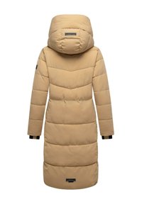 Beige puffer coat with a hood, featuring chevron stitch patterns, long sleeves, and a slight gloss finish. Black label at the bottom.