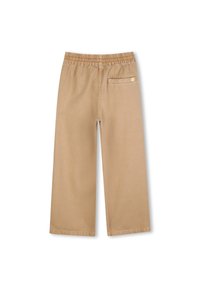 Μπεζ παντελόνι με φαρδιά μπατζάκια από λείο ύφασμα. Διαθέτει ελαστική μέση και μια πίσω τσέπη με μικρή κίτρινη λεπτομέρεια.