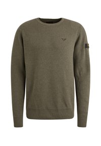 Khakigrüner Pullover aus strukturiertem Stoff. Mit geripptem Saum und Bündchen, Rundhalsausschnitt und kleinem Logo auf der Brust.