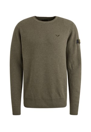 Pull en vert kaki fabriqué dans un tissu texturé. Il présente un ourlet et des poignets côtelés, un col rond et un petit logo sur la poitrine.