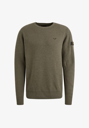 Pull en vert kaki fabriqué dans un tissu texturé. Il présente un ourlet et des poignets côtelés, un col rond et un petit logo sur la poitrine.