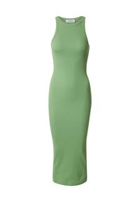 Gestreiftes, ärmelloses, figurbetontes Midi-Kleid in einem hellgrünen Farbton. Es hat einen runden Halsausschnitt und besteht aus stretchigem Material für zusätzlichen Komfort.