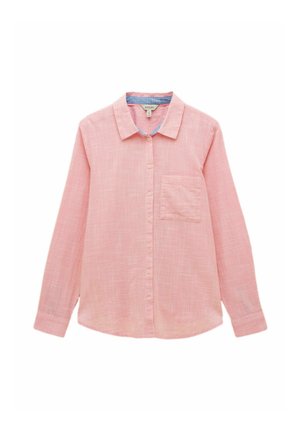 Roosa pikakiiluline nööpidega särg, krae, ühelt rinnataskuga ja peene ruudulise mustriga, valgel taustal laotatud.