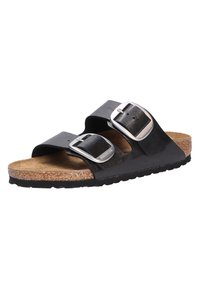 Sandalo nero con due cinturini regolabili, fibbie in argento, soletta in sughero e suola in gomma testurizzata. Design elegante adatto per l'abbigliamento casual.