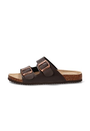 Sandalia marrón con puntera abierta, dos tiras ajustables con hebillas de cobre y suela de corcho con suela exterior de goma negra texturizada.