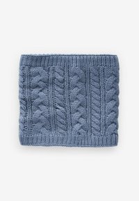 Collo blu lavorato a maglia, caratterizzato da un motivo a treccia testurizzato e bordi a coste. Realizzato in filato morbido, offre calore e una sensazione di comfort.
