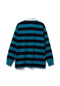 Ragbistický dres s dlouhým rukávem s širokými vodorovnými pruhy v tyrkysové a černé barvě a s bílým límečkem, zobrazený zezadu na bílém pozadí.