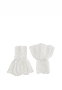 Manches en dentelle blanche présentant un motif floral, des bords volantés et un bandeau élastique pour l'ajustement, conçues pour sublimer diverses tenues.