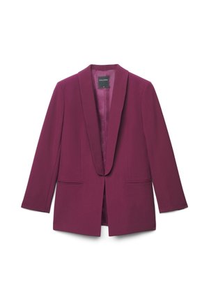 Blazer magenta avec col châle, manches longues, deux poches avant et une doublure intérieure lisse. Fabriqué en tissu texturé. Sans fermetures.