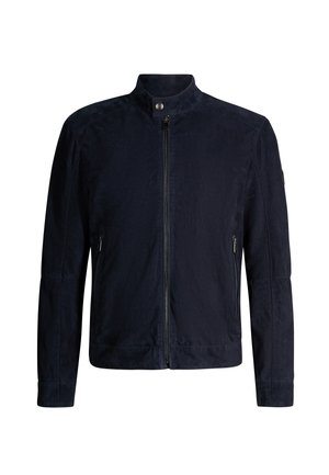 Giacca da uomo blu navy con cerniera frontale, collo alto, chiusura con bottoni a pressione e tasche laterali con cerniera, mostrata su sfondo bianco.