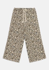 Hlače s leopard uzorkom sa elastičnom strukom i vezicom, od mekog materijala. Dizajn ima svijetlosmeđu pozadinu s crnim i smeškim mrljama.