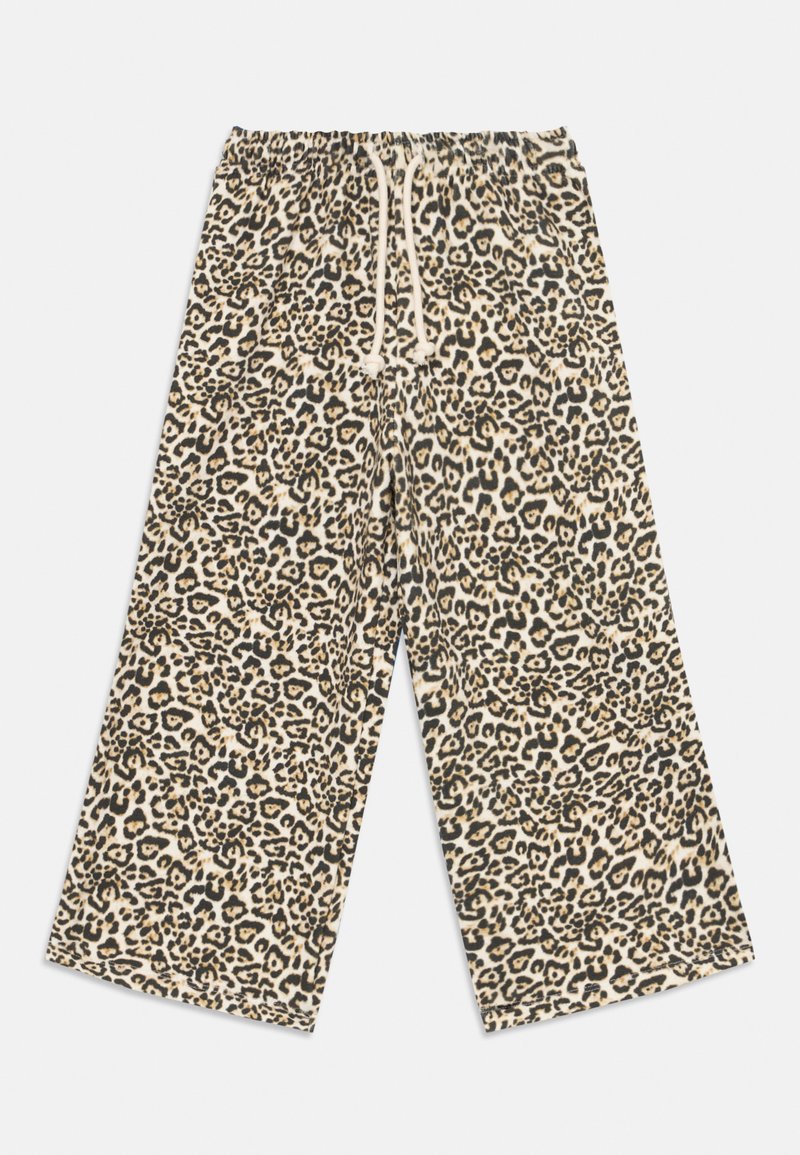 Hlače s leopardjim vzorcem z elastičnim pasom in vrvico, narejene iz mehke tkanine. Oblikovanje vključuje svetlo rjavo ozadje z črnimi in rjavimi pikami.