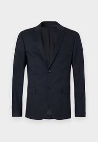 Navy blazer made of smooth fabric, featuring a notched lapel, two front buttons, and two side pockets with a single chest pocket.