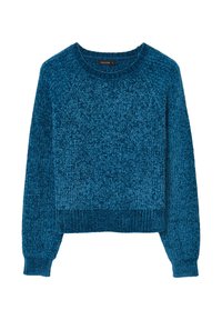 Pull en tricot bleu avec un col rond, des poignets et un ourlet côtelés, présentant une finition texturée et une silhouette décontractée.