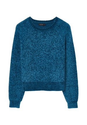 Maglione blu a maglia con scollo rotondo, polsini e orlo a costine, caratterizzato da una finitura testurizzata e una silhouette rilassata.