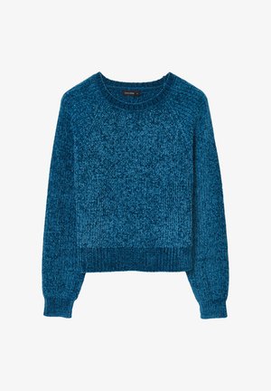 Maglione blu a maglia con scollo rotondo, polsini e orlo a costine, caratterizzato da una finitura testurizzata e una silhouette rilassata.