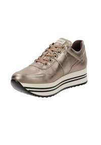 Metallisch bronzefarbene Sneaker mit runder Zehenpartie, Stoffsenkeln und gestreifter weißer und schwarzer Sohle; mit gepolstertem Absatz für zusätzlichen Auftrieb.