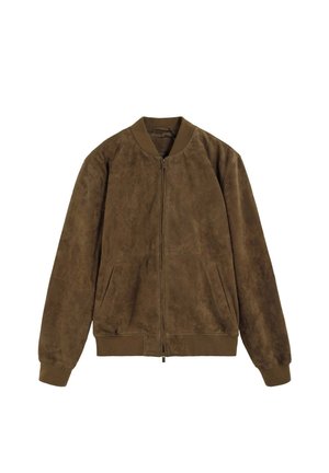 Brown suede bomber jacket with ribbed collar, cuffs, hem, front zipper, and two angled pockets on the front.