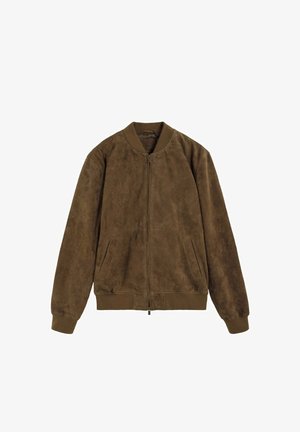 Brun ruskindsbomberjakke med ribbet krave, manchetter, kant, frontlynlås og to skrå lommer foran.