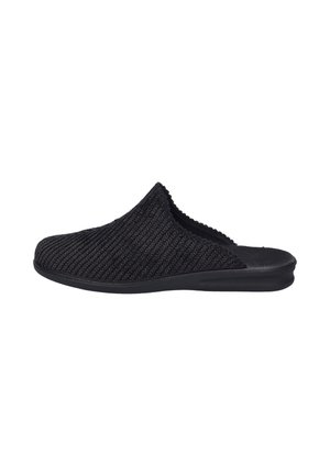 Schwarzer Slip-On-Hausschuh mit strukturiertem Stoffobermaterial und gepolsterter Sohle, offenem Fersendesign für einfaches Tragen im Innenbereich.