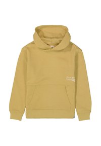 Sudadera amarilla con capucha, con un bolsillo delantero y un pequeño texto blanco en la parte superior izquierda que dice "Encuentra tu paciencia."