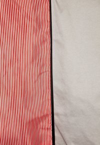 Tela a rayas verticales rojas y blancas a la izquierda, tela suave gris a la derecha, separadas por un delgado borde negro.