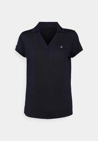 Svart polo skjorta tillverkad av mjukt tyg, med V-hals, korta ärmar och en liten logotyp på vänster bröst. Enfärgad design, inga mönster.