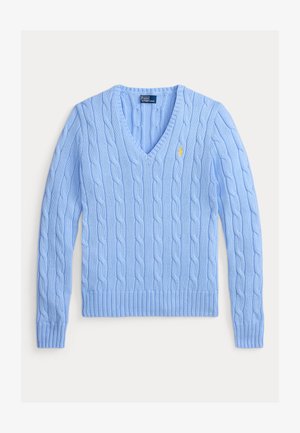 Ανοιχτό μπλε πλεκτό πουλόβερ με V-λαιμόκοψη, μακριά μανίκια και μικρό κίτρινο κεντημένο λογότυπο στο αριστερό στήθος.